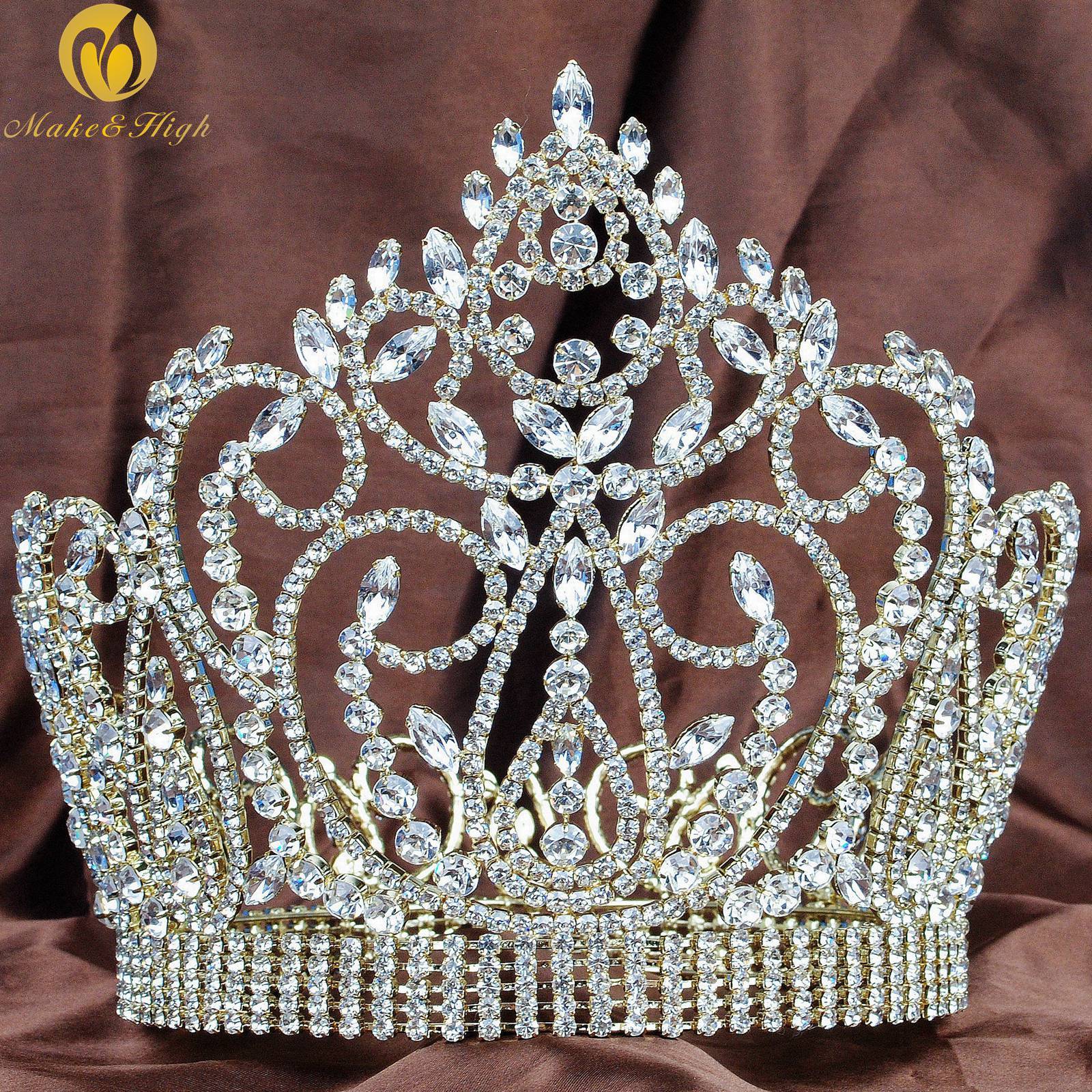 Fantastic 7" Tiara Diadem Gold Crown Clear Rhinestone Miss Pageant ...
