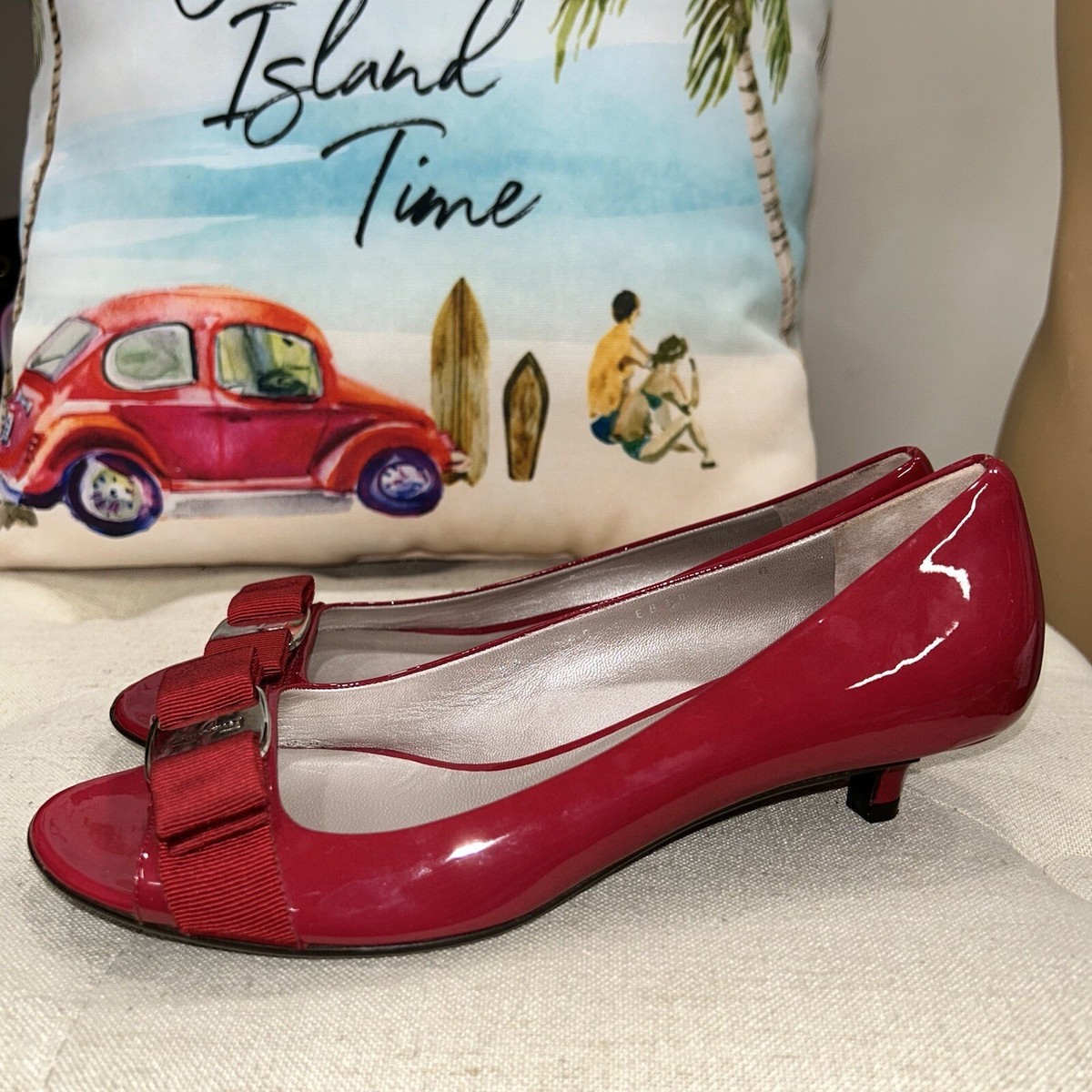 Salvatore Ferragamo Hot Red Patente Leather Peep Toe Low
