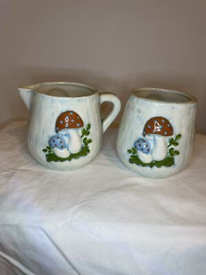 Vintage Signed Dated Art Pottery Mushroom Cream And Sugar