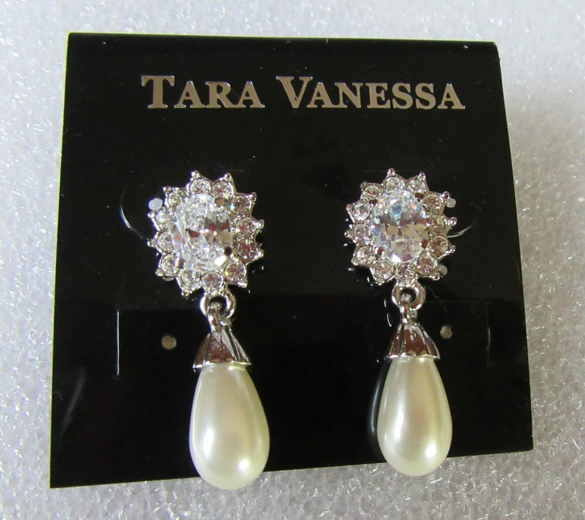 Bride Long Pearl Dangle Clear Rhinestone Tara Vanessa Pierced
