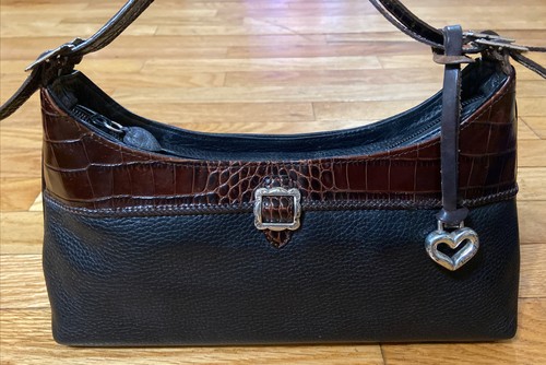 Brighton Black Pebble Leather Brown Croc Heart Hobo Shoulder Bag - Picture 2 of 8