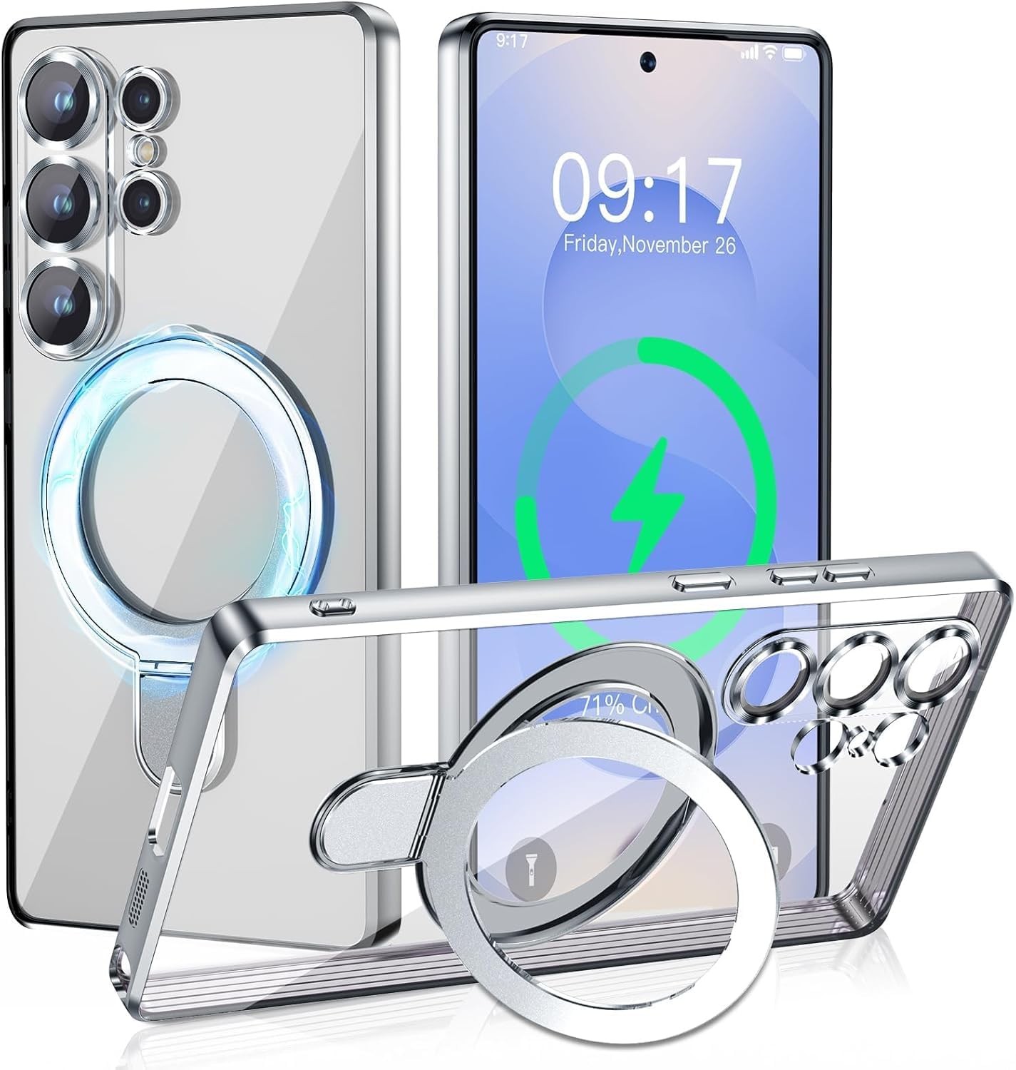 Coque Samsung S26 Ultra en cuir véritable bleu nuit avec support magnétique