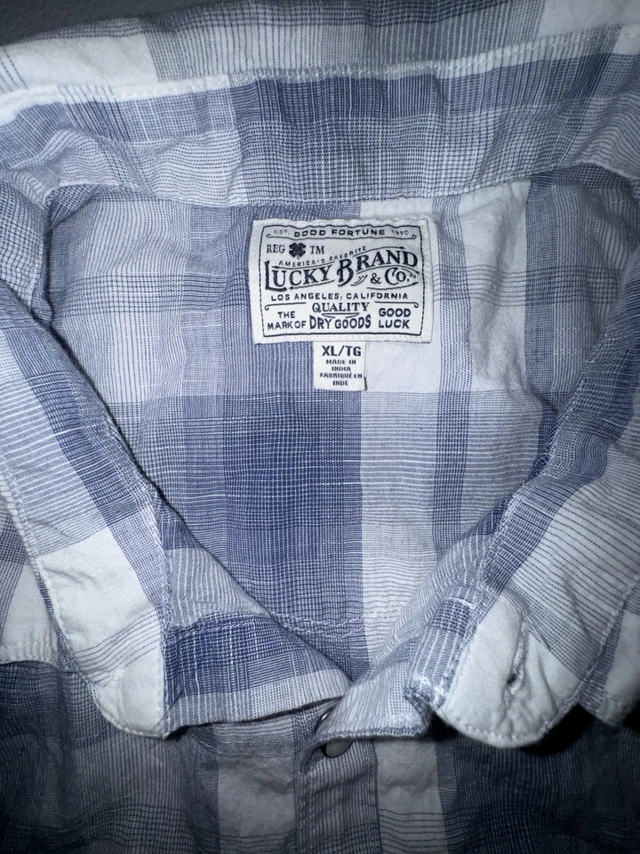 Camisa a Presión Lucky Brand Perla Para Hombre XL Western Cuadros Manga Corta Azul Blanco Foto 4 de 4