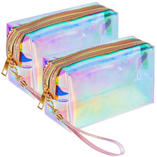 2 Pcs Holographic Makeup Bag Clear Iridescent Cosmetic Pouch Travel Case