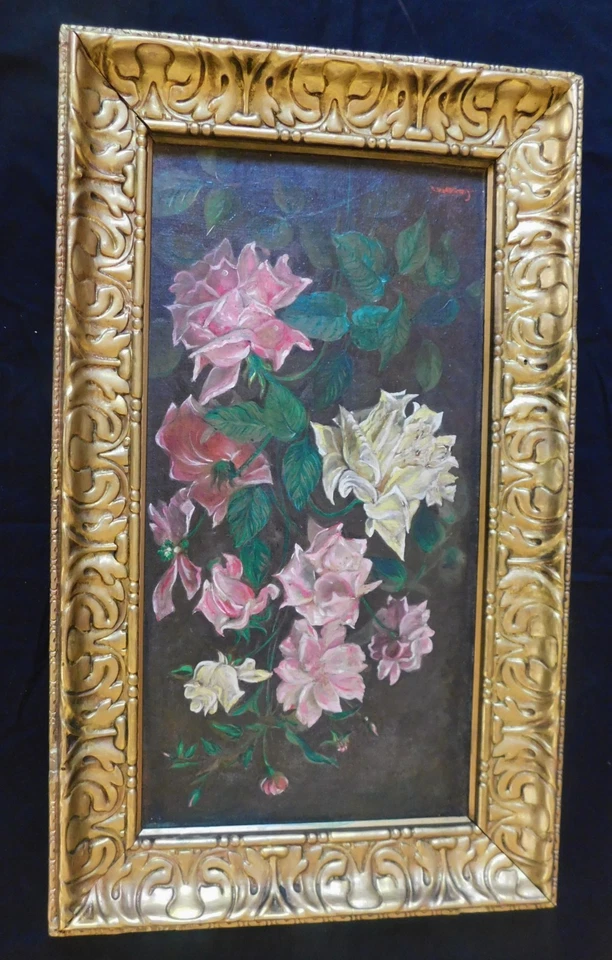 Antique Early 20th C. still life Oil Painting RARE Art Nouveau Roses 25 X 15 in - Image 2 of 4