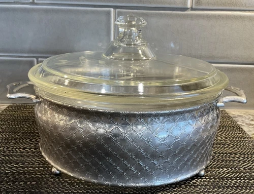 RARE 1920’s PYREX Clear Glass Baking Dish with Intricate Metal Serving Caddy