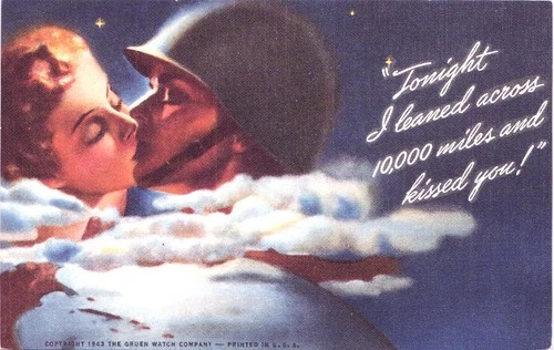 TONIGHT I KISSED YOU WW2 vintage postcard gruen watch military soldier romance