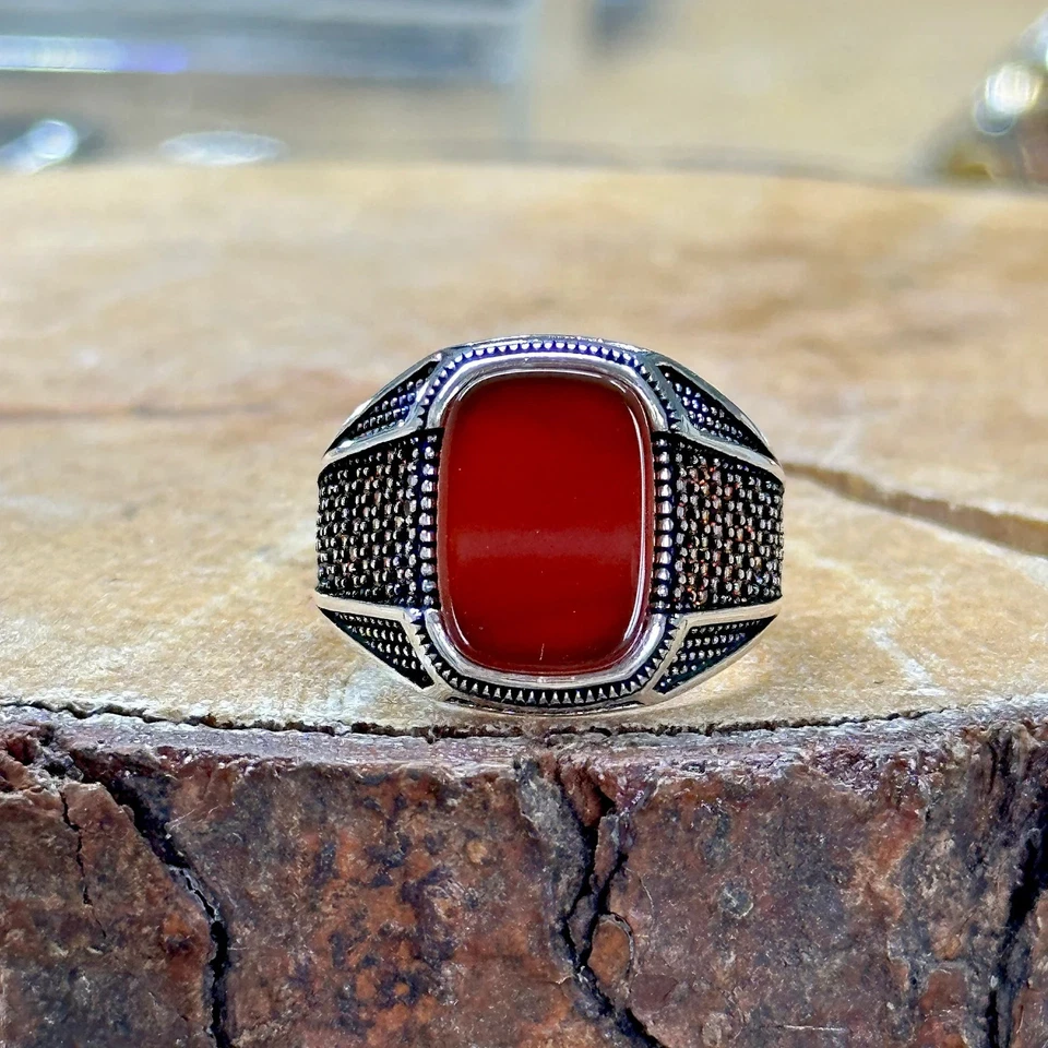 Anillo de ágata roja de plata de ley 925k hecho a mano, anillo de cornalina Aqeeq de plata para hombre Foto 2 de 4