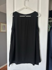Eileen Fisher 100 Silk Crepe Long Tank Top Womens Medium Black Tunic Layering