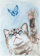 Katze Schmetterling Original Wasserfarben Malerei, Aquarell Gemälde, 13x18 cm