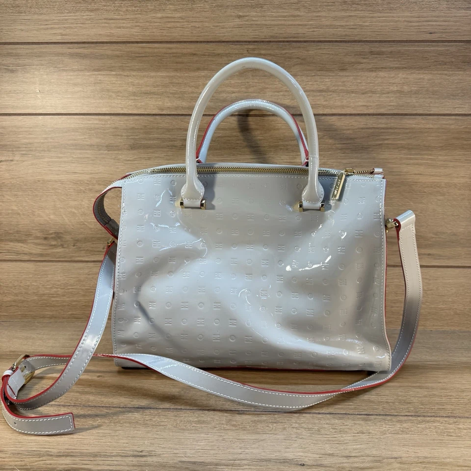 ARCADIA ITALIAN LIGHT GRAY PATENT LEATHER TOTE BAG EMBOSSED SNAKESKIN CROSSBODY - Image 3 of 4