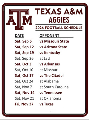 Texas A&M Aggies Large METAL fridge magnet   2026 Schedule 4x6''