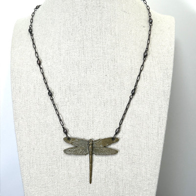 Brass Dragonfly Pendant Station Necklace Collar Retro Boho Artsy Women s 16 inch