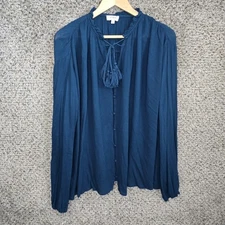 UMGEE Top Womens Medium Blue Peasant Blouse Button Neck Tie Casual Ladies