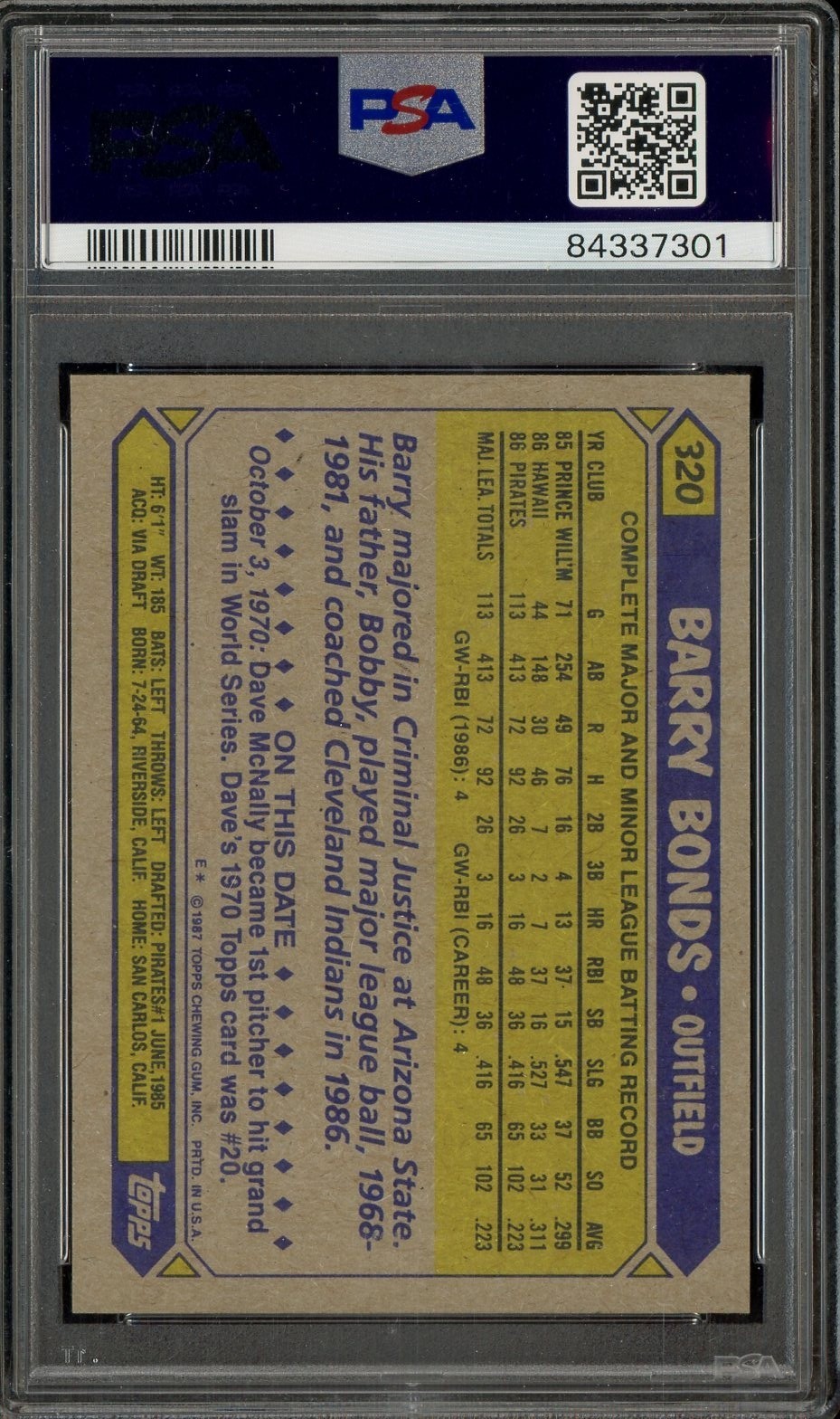 1987 Topps #320 Barry Bonds Pittsburgh Pirates RC Rookie PSA 9 MINT view 2