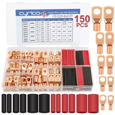 150pcs Battery Cable Ends Copper Wire Lugs Assortment AWG 2 4 6 8 10 Gauge Kit