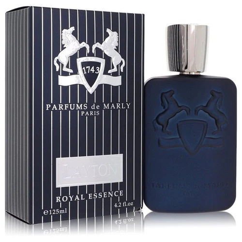Navy blue bottle of Layton Royal Essence by Parfums de Marly Eau De Parfum with embossed horse and shield design.