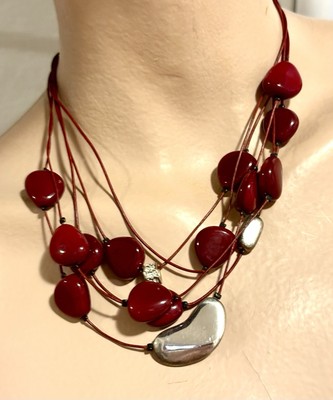 Chico's  Molten Silver & Red Bead Necklace Abstract Arrangement