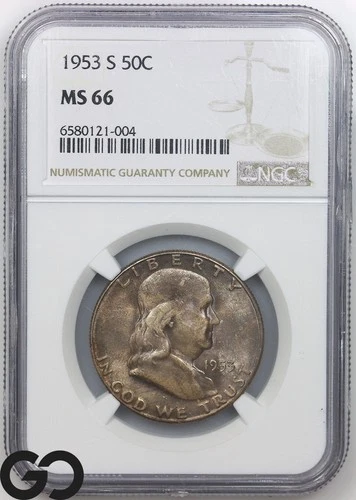 1953-S Franklin Half Dollar NGC MS 66 ** Gorgeous Toner, High Grade!