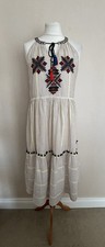 TU Cream Brown Pinstripe Tiered Midi Sun Dress Size 8 VGC Embroidered Pom Pom