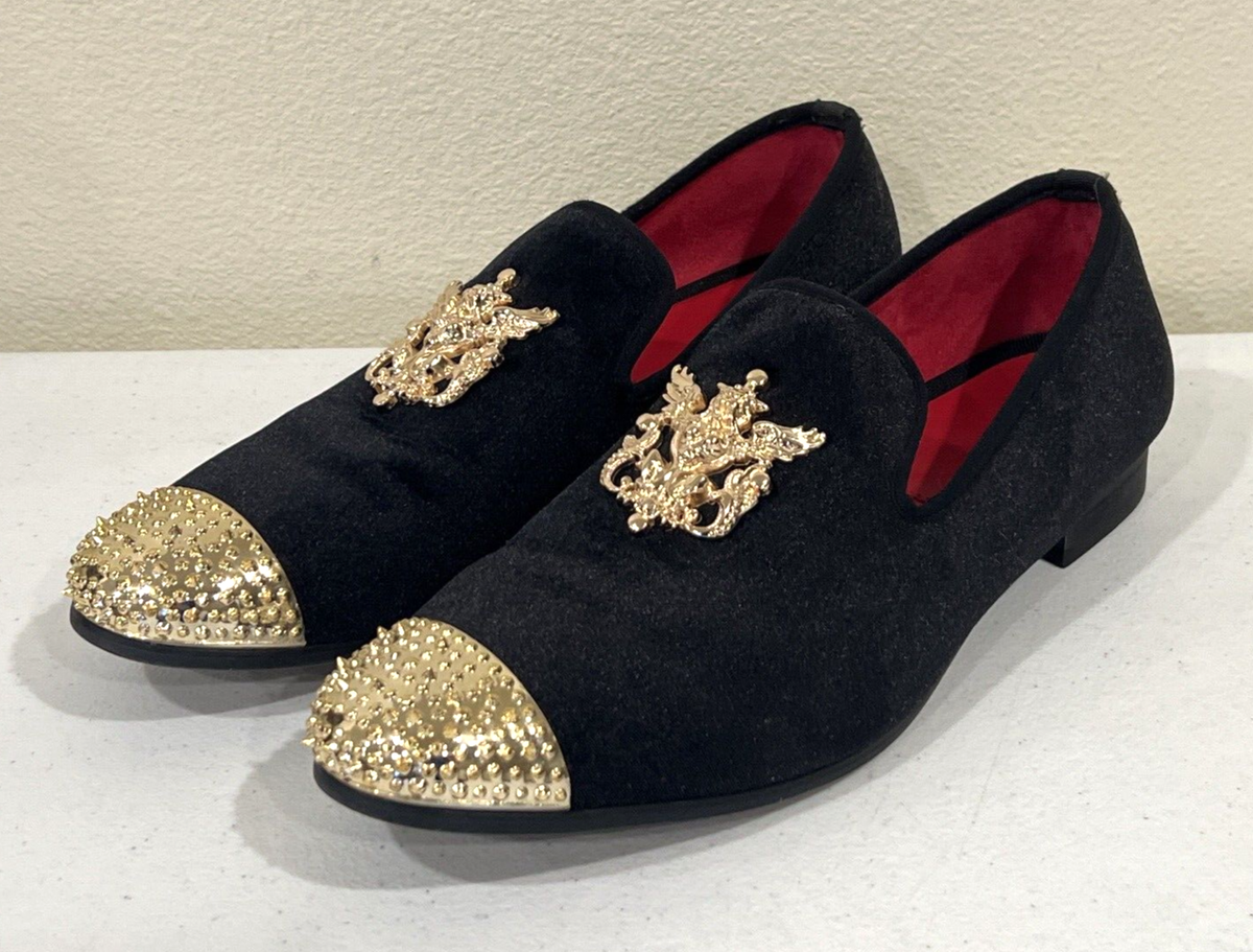 Jitai Black Velvet Slip-on Loafer Mens Shoes with Gold Tone 