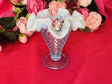 Vintage Fenton Blue Opalescent Ruffle Hobnail Vase Aqua Blue 4 Tall