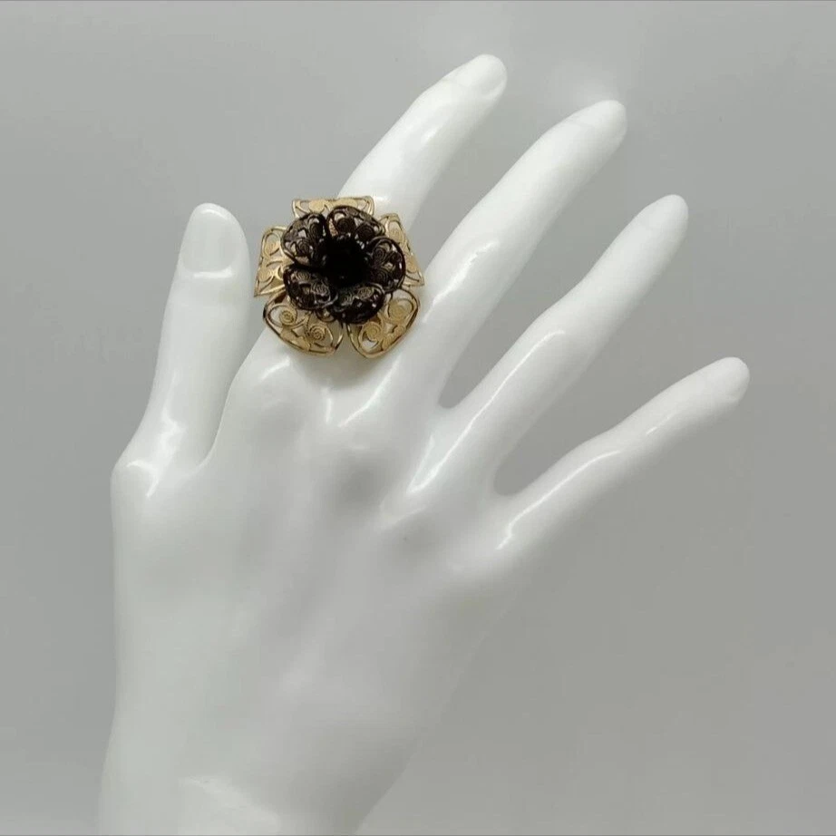 CHANEL Gold Statement Ring CC Camellia Flower Black Crystals Size 6 US Authentic - Image 2 of 4