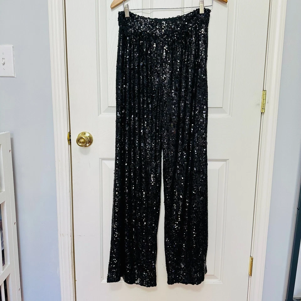 PANTALÓN PANTALÓN CHRISTINE RAMY BROOK NEGRO LENTEJUELAS PIERNA ANCHA TIRO ALTO TALLA 8 $395