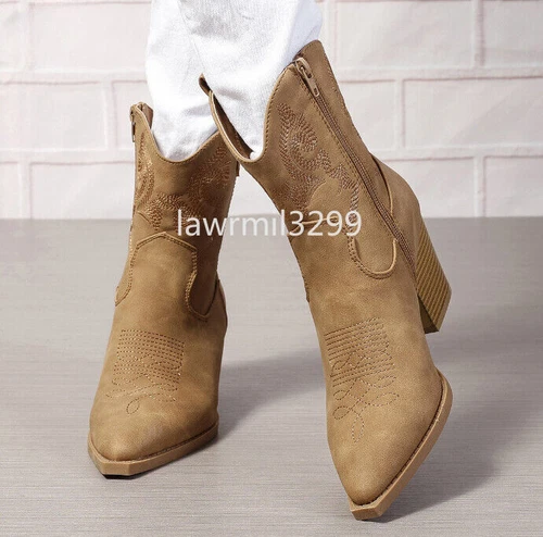 Cowboy Boots Mid Calf Shoes Ladies Zip Heel Western Faux Leather Womens Size UK - Picture 4 of 19