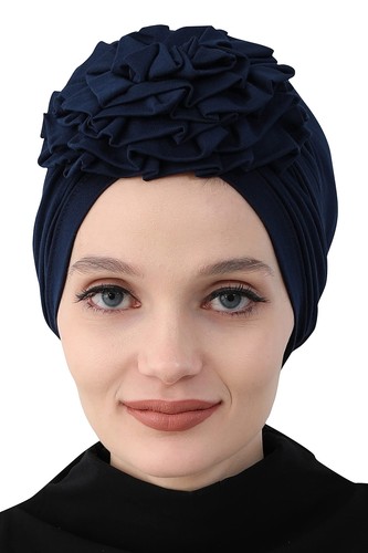 Instant Turban Cotton Scarf Head Wrap Scarfs For Women Hat Rose Detail Navy Blue - Picture 2 of 7