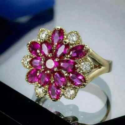 2.20Ct Oval Lab-Created Pink Ruby Cluster Engagement Ring 14k Yellow Gold Plated