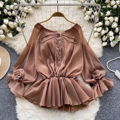 Camisa para mujeres sin hombros mangas largas acampanadas ajustada con volantes de gasa Prendas para el torso de moda - Imagen 5 de 30