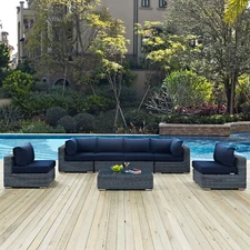 Modway Summon 7 Piece Outdoor Patio Sunbrella® Sectional Set in Canvas Navy