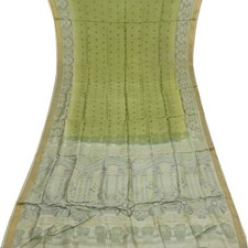 Vintage Green Sarees 100 Pure Silk Printed Zari Border Sari 6YD Craft Fabric