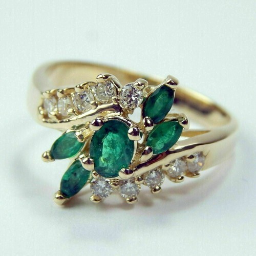 Vintage 2CT Emerald & Diamond Simulated Wedding Ring 14k Yellow Gold Over Silver - Picture 9 of 12