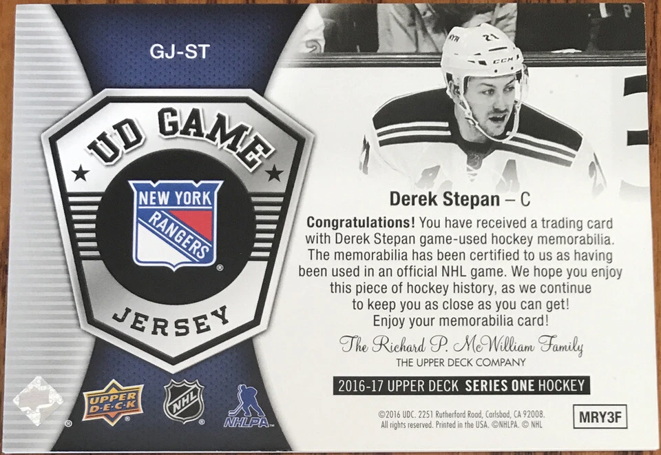 2016-17 Upper Deck UD Game Jersey Derek Stepan GJ-ST New York Rangers - Image 2 of 2