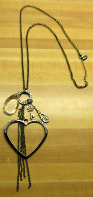 VTG 30'' SIGNED SUEN ? HEART KEY LOCK TEARDROP CHARM Necklace CLEAR RHINESTONE
