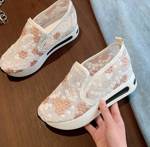 Chaussure femme fleurs dentelle brodé compensée blanche stylé rose été Baskets - Foto 5 di 13