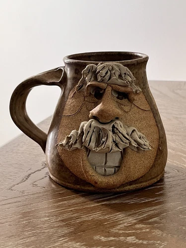 Studio Art Pottery 4.5” Ugly Face Coffee Mug 3D Grin Cup Stoneware Man Mustache