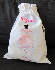 Pretty White Cotton Drawstring bag hand embroidered "Lingerie" & Voluptuous Lady