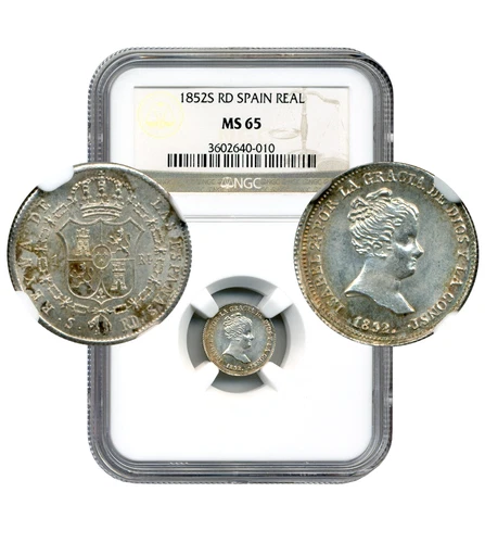 1852S RD Spain Real, Isabel II, First Portrait - NGC MS65, Finest Graded