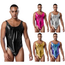 Men Swimwear Bodysuit Sleeveless Shiny Metallic Dance Leotard Rave Party Costume