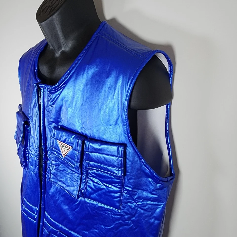 Vintage Guess Metallic Blue Vest Mens Large Shiny Jacket Michael Jackson 90s Y2K - Image 4 of 4