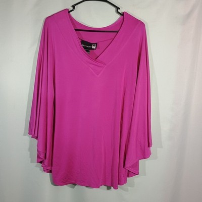 Pink V Neck Tunic Top Flowy Bell Sleeve Blouse Loose Fit Lightweight