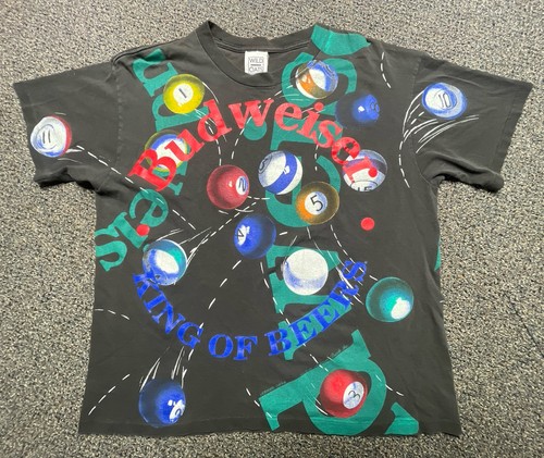 Vintage Budweiser Shirt XL All Over Print Single Stitch Pool Billiard AOP Rare