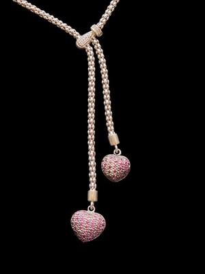 Sterling Silber OTC Rubin Pave Double Love Herz 18,5'' Kette Lariat Halskette