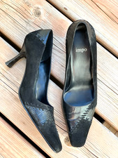 Vintage 90s Impo Pointy Toe Pumps 7 Black Suede Leather Heels Shoe Boho Chic Y2K