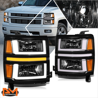 For 14-15 Silverado 1500 U-Shape LED DRL Sequential Turn Headlights Black/Amber