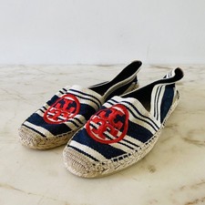 TORY BURCH Blue White Stripe Canvas Espadrille Flats Red Logo - US 6.5