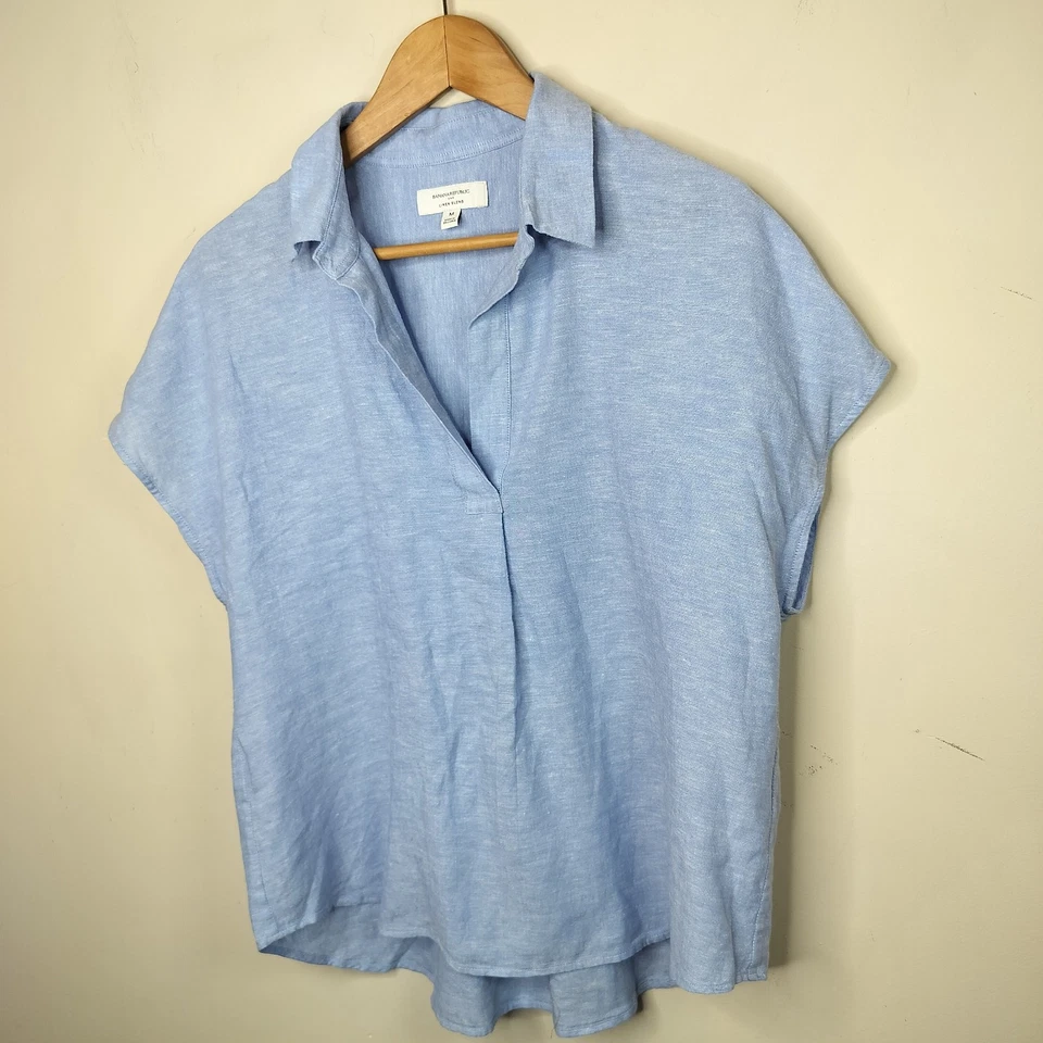 Camisa Banana Republic Mezcla de Lino Mediana Manga Corta Cuadrada Coastal Lagenlook Foto 3 de 4